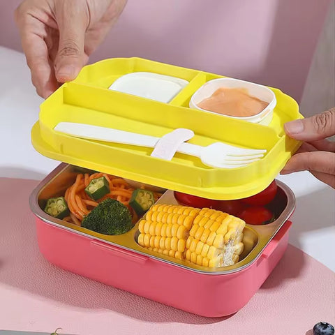 3-Compartment Stainless Steel Lunch Box with Leakproof Lid and Cutlery Set - Portable Food Storage Container for School Office and Picnic Use