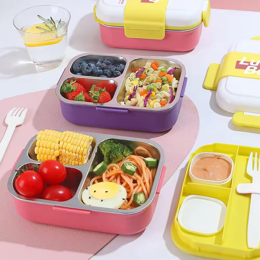 3-Compartment Stainless Steel Lunch Box with Leakproof Lid and Cutlery Set - Portable Food Storage Container for School Office and Picnic Use