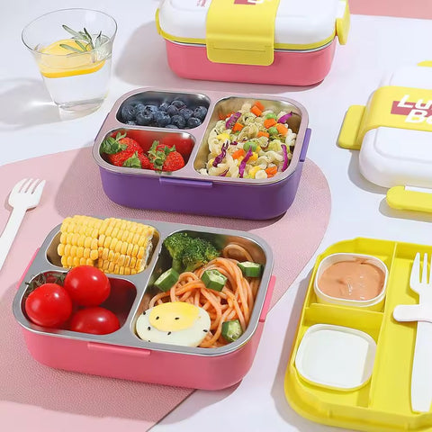 3-Compartment Stainless Steel Lunch Box with Leakproof Lid and Cutlery Set - Portable Food Storage Container for School Office and Picnic Use