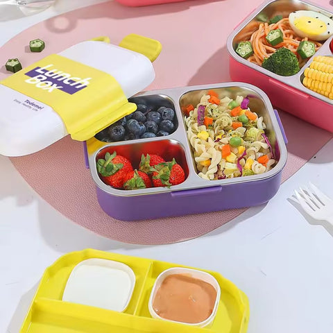 3-Compartment Stainless Steel Lunch Box with Leakproof Lid and Cutlery Set - Portable Food Storage Container for School Office and Picnic Use
