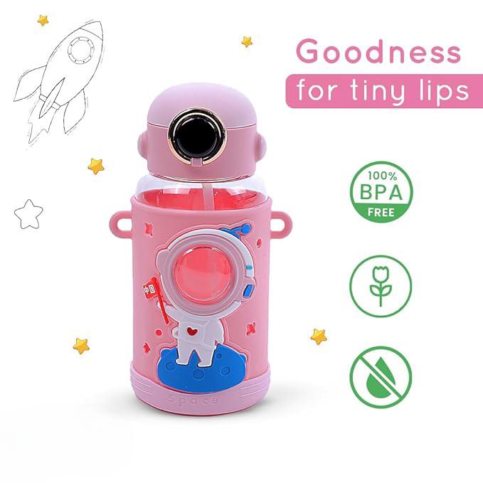 Space Theme Vibrant Kids Bottle - Cute Design with Handle | Stylish & Attractive | Perfect for School and Travel (Pink)