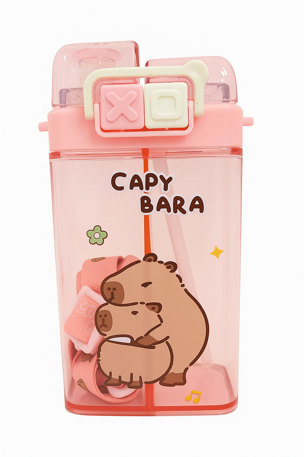 Vibrant Water Bottle with Dual Cap and with Cartoon Characters | Double Drinking Straw Cup | Strap Handle | Portable Handheld Tumbler Perfect for Travel Picnic Sport School (Blue)
