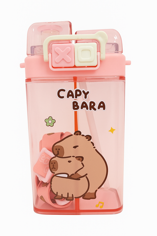 Vibrant Water Bottle with Dual Cap and with Cartoon Characters | Double Drinking Straw Cup | Strap Handle | Portable Handheld Tumbler Perfect for Travel Picnic Sport School (Blue)