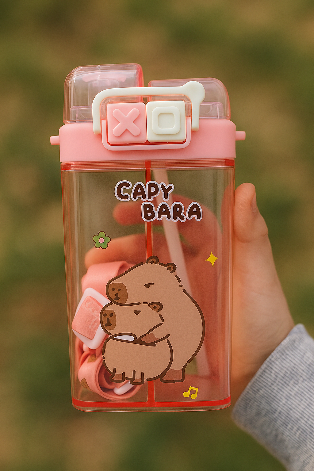 Vibrant Water Bottle with Dual Cap and with Cartoon Characters | Double Drinking Straw Cup | Strap Handle | Portable Handheld Tumbler Perfect for Travel Picnic Sport School (Blue)