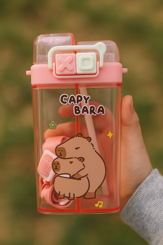 Vibrant Water Bottle with Dual Cap and with Cartoon Characters | Double Drinking Straw Cup | Strap Handle | Portable Handheld Tumbler Perfect for Travel Picnic Sport School (Blue)