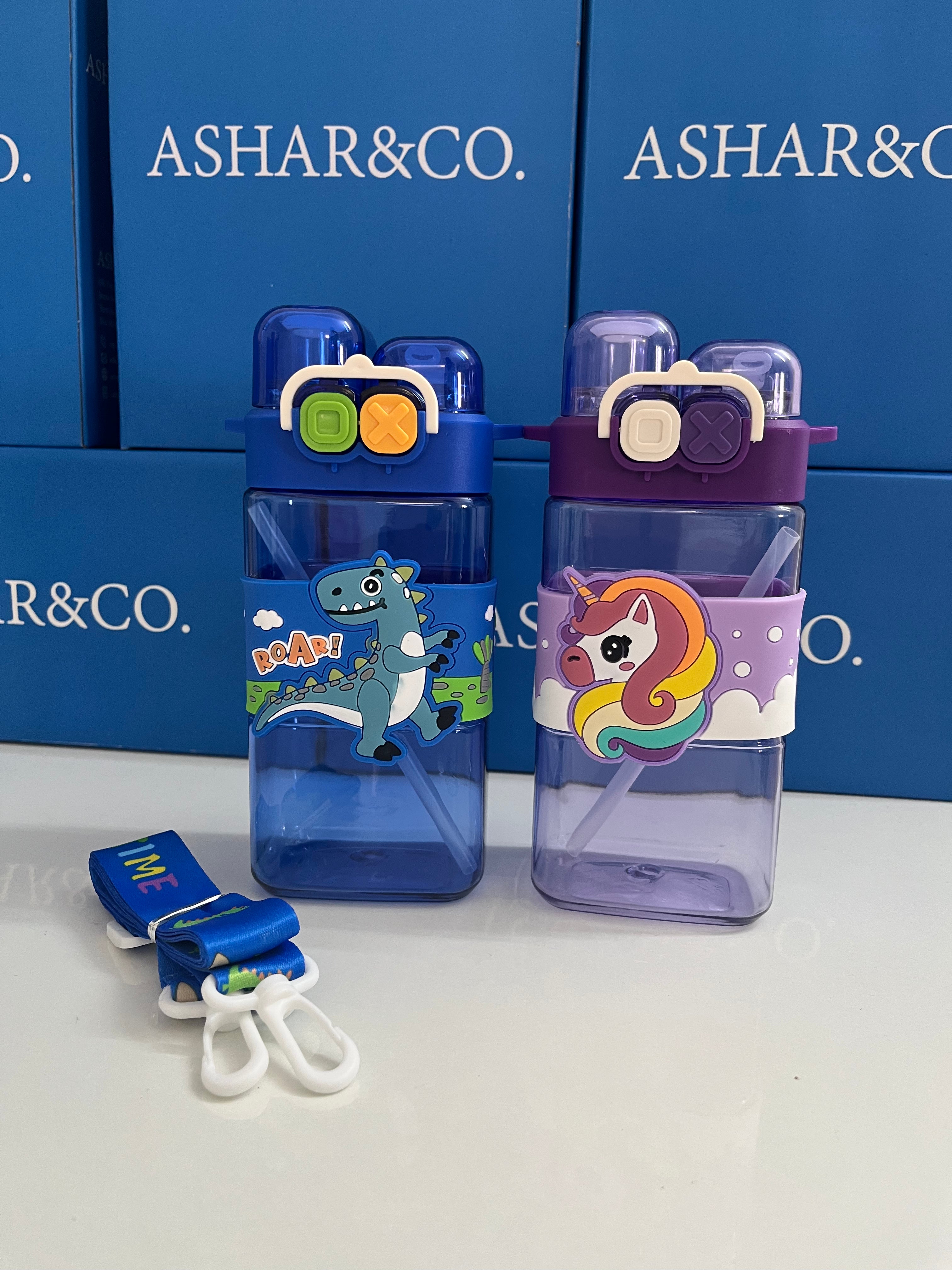 Cartoon Water Bottle with Adjustable Strap – Cute Double Drinking Straw Cup | Leak-Proof, Portable Tumbler – 520ML –Perfect for School & Outdoor Fun (Purple)