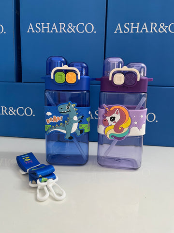 Cartoon Water Bottle with Adjustable Strap – Cute Double Drinking Straw Cup | Leak-Proof, Portable Tumbler – 520ML –Perfect for School & Outdoor Fun (Purple)