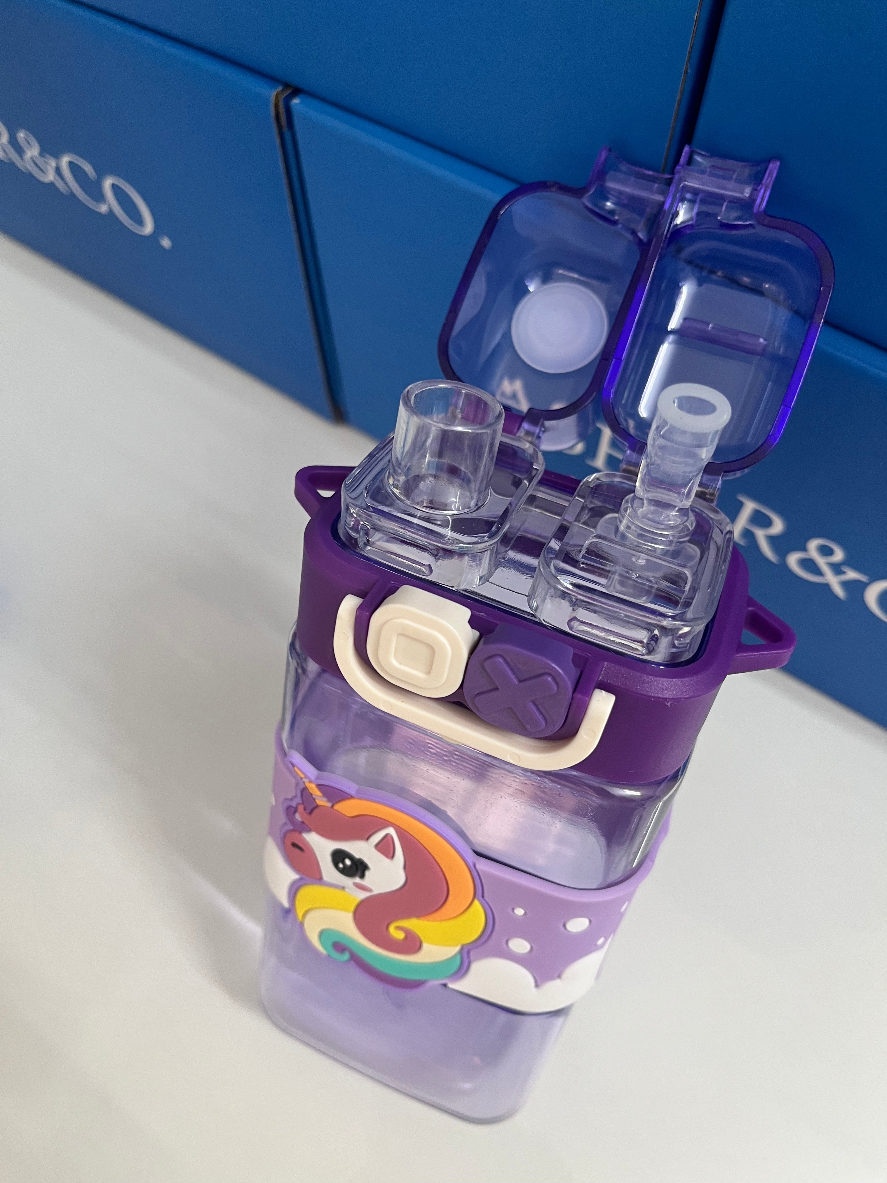 Cartoon Water Bottle with Adjustable Strap – Cute Double Drinking Straw Cup | Leak-Proof, Portable Tumbler – 520ML –Perfect for School & Outdoor Fun (Purple)