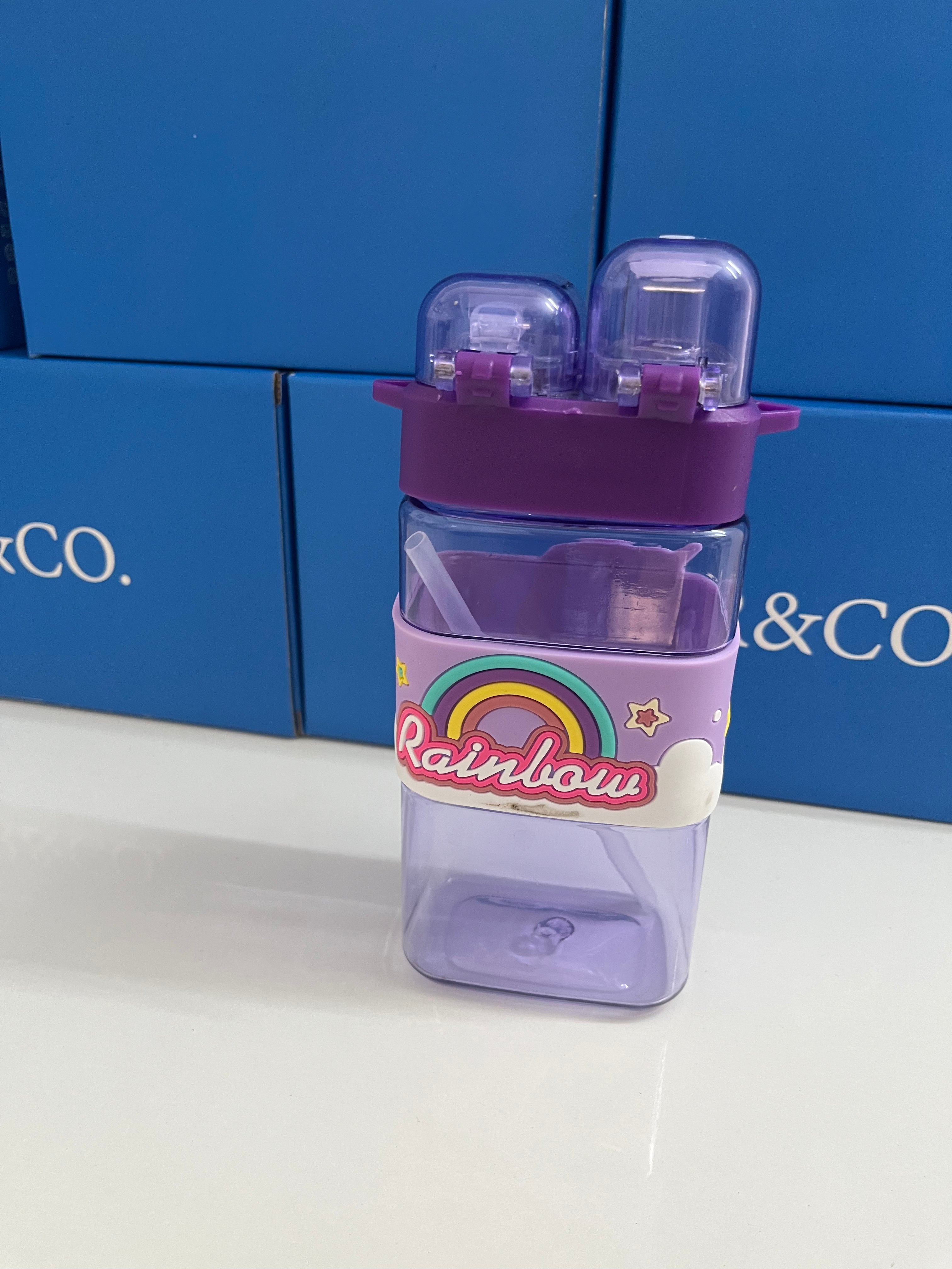 Cartoon Water Bottle with Adjustable Strap – Cute Double Drinking Straw Cup | Leak-Proof, Portable Tumbler – 520ML –Perfect for School & Outdoor Fun (Purple)