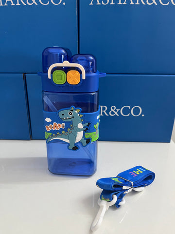 Cartoon Water Bottle with Adjustable Strap – Cute Double Drinking Straw Cup | Leak-Proof, Portable Tumbler – 520ML –Perfect for School & Outdoor Fun (Purple)
