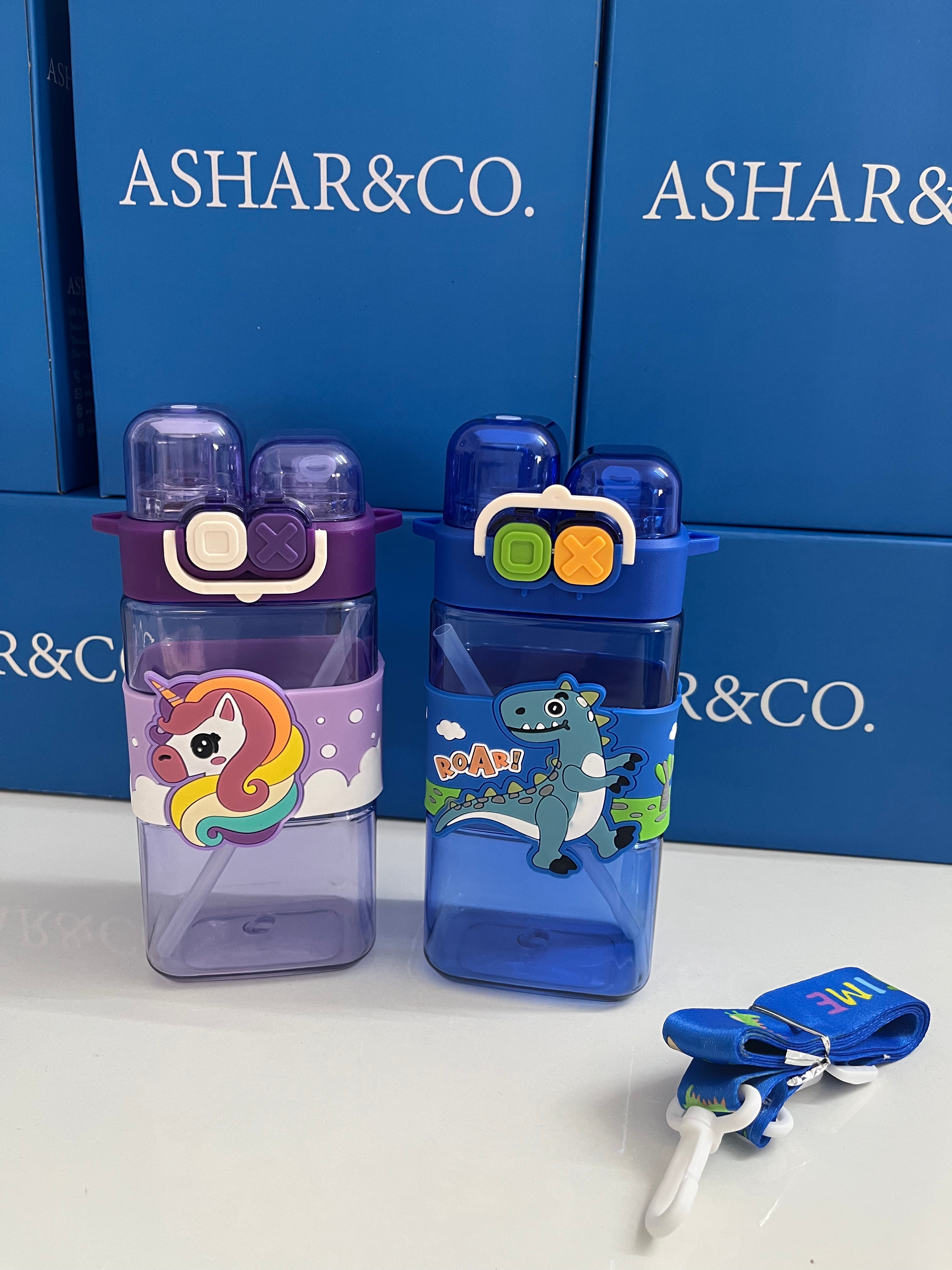 Cartoon Water Bottle with Adjustable Strap – Cute Double Drinking Straw Cup | Leak-Proof, Portable Tumbler – 520ML –Perfect for School & Outdoor Fun (Purple)
