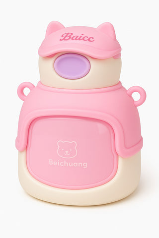 Cute Bear Water Bottle with Straw,Stainless Steel Vacuum Double Wall Insulated Cup with Temperature Display and Silicone Spout, Leak Proof Thermosteel Bottle for School Travel (Pink)
