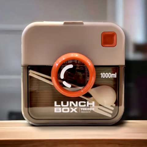 Camera Style Bento Lunch Box with Dual Compartments for Office School Travel with Spoon Fork Set – Trendy Compact Design for Adults, Kids
