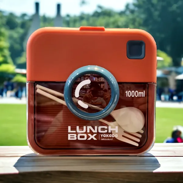 Camera Style Bento Lunch Box with Dual Compartments for Office School Travel with Spoon Fork Set – Trendy Compact Design for Adults, Kids