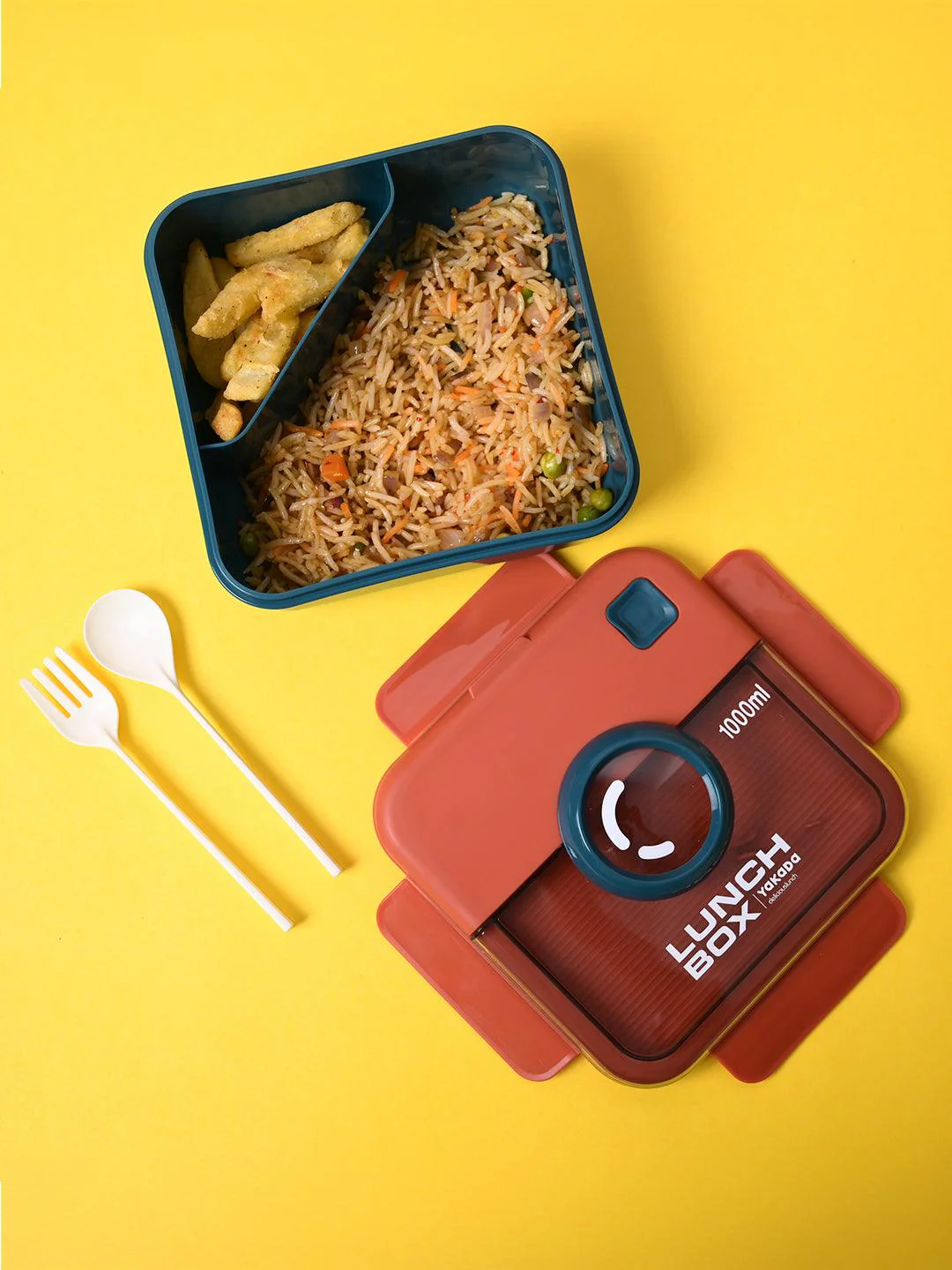 Camera Style Bento Lunch Box with Dual Compartments for Office School Travel with Spoon Fork Set – Trendy Compact Design for Adults, Kids