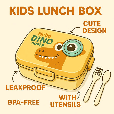 Dino Buddy Colourful Leakproof Kids Lunch Box with Cartoon Design and Cutlery Set – Fun, Durable, BPA-Free, Easy Open Clips – Ideal for School, Daycare, Picnics, Travel